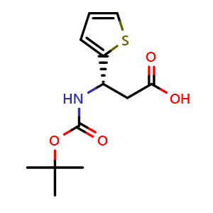 Chemical structure of (3S)-3-[(tert-butoxycarbonyl)amino]-3-(2-thienyl)propanoic acid , CAS 500770-66-1, AChemBlock V143924