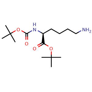 Chemical structure of (S)-tert-Butyl 6-amino-2-((tert-butoxycarbonyl)amino)hexanoate , CAS 7750-42-7, AChemBlock V143932