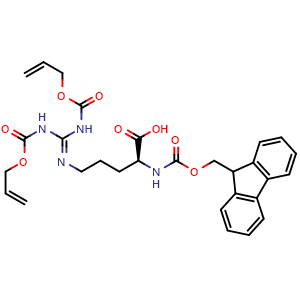 Chemical structure of (S)-2-((((9H-fluoren-9-yl)methoxy)carbonyl)amino)-5-((5,9-dioxo-4,10-dioxa-6,8-diazatrideca-1,12-dien-7-ylidene)amino)pentanoic acid , CAS 148893-34-9, AChemBlock V143939