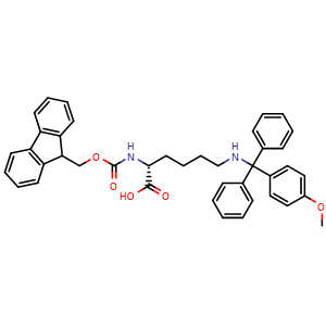 Chemical structure of (2R)-2-{[(9H-fluoren-9-ylmethoxy)carbonyl]amino}-6-{[(4-methoxyphenyl)(diphenyl)methyl]amino}hexanoic acid , CAS 2044710-18-9, AChemBlock V143947
