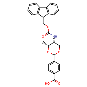 Chemical structure of Benzoic acid, 4-[(4R,5R)-5-[[(9H-fluoren-9-ylmethoxy)carbonyl]amino]-4-methyl-1,3-dioxan-2-yl] , CAS 205109-16-6, AChemBlock V144040