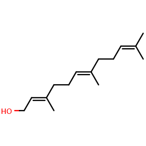 Chemical structure of (2E,6E)-3,7,11-Trimethyldodeca-2,6,10-trien-1-ol , CAS 106-28-5, AChemBlock V144153