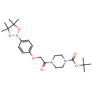 Chemical structure of tert-butyl 4-(2-(4-(4,4,5,5-tetramethyl-1,3,2-dioxaborolan-2-yl)phenoxy)acetyl)piperazine-1-carboxylate , CAS 1401697-54-8, AChemBlock V144381