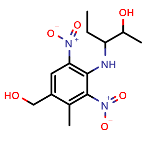 Chemical structure of 3-((4-(hydroxymethyl)-3-methyl-2,6-dinitrophenyl)amino)pentan-2-ol , CAS 127971-67-9, AChemBlock V144385