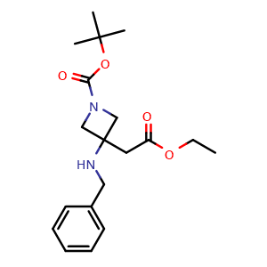 Chemical structure of tert-butyl 3-(benzylamino)-3-(2-ethoxy-2-oxoethyl)azetidine-1-carboxylate , CAS 1373923-04-6, AChemBlock V144435