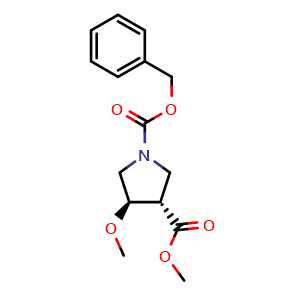 Chemical structure of Trans-1-benzyl 3-methyl 4-methoxypyrrolidine-1,3-dicarboxylate , CAS 2386461-85-2, AChemBlock V144441
