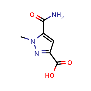 Chemical structure of 5-carbamoyl-1-methyl-1H-pyrazole-3-carboxylic acid , CAS 1174878-96-6, AChemBlock V144477
