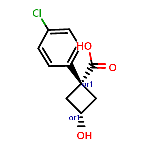 Chemical structure of Cis-1-(4-chlorophenyl)-3-hydroxycyclobutanecarboxylic acid , CAS 933469-83-1, AChemBlock V144500
