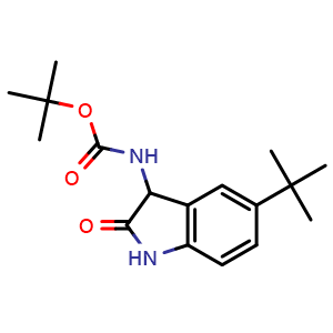 Chemical structure of tert-butyl 5-tert-butyl-2-oxoindolin-3-ylcarbamate , CAS 2828439-47-8, AChemBlock V144516