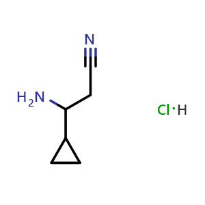 Chemical structure of 3-amino-3-cyclopropylpropanenitrile hydrochloride , CAS 2708286-80-8, AChemBlock V144600