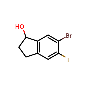 Chemical structure of 6-bromo-5-fluoro-2,3-dihydro-1H-inden-1-ol , CAS 2089649-48-7, AChemBlock V144638