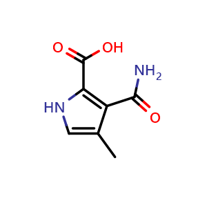 Chemical structure of 3-(aminocarbonyl)-4-methyl-1H-Pyrrole-2-carboxylic acid , CAS 67856-00-2, AChemBlock V144942