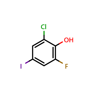 Chemical structure of 2-chloro-6-fluoro-4-iodophenol , CAS 1564859-49-9, AChemBlock V144995