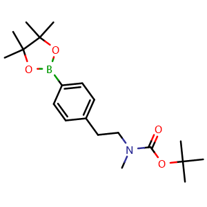 Chemical structure of tert-butyl methyl(4-(4,4,5,5-tetramethyl-1,3,2-dioxaborolan-2-yl)phenethyl)carbamate , CAS 1191063-31-6, AChemBlock V145003