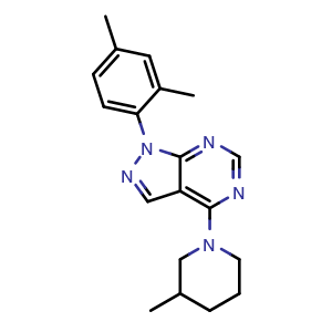 Chemical structure of 1-(2,4-dimethylphenyl)-4-(3-methylpiperidin-1-yl)-1H-pyrazolo[3,4-d]pyrimidine , CAS 393845-24-4, AChemBlock V145061