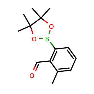 Chemical structure of 2-methyl-6-(4,4,5,5-tetramethyl-1,3,2-dioxaborolan-2-yl)benzaldehyde , CAS 1352819-21-6, AChemBlock V145138