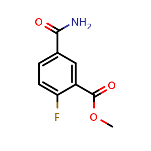 Chemical structure of methyl 5-carbamoyl-2-fluorobenzoate , CAS 1517885-05-0, AChemBlock V145159