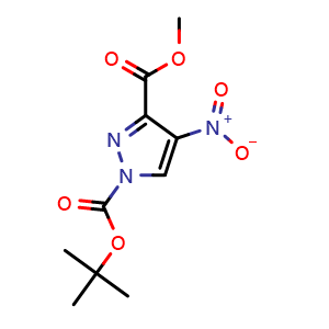 Chemical structure of 1-(tert-butyl) 3-methyl 4-nitro-1H-pyrazole-1,3-dicarboxylate , CAS 923283-62-9, AChemBlock V145168