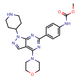 Chemical structure of methyl (4-(4-morpholino-1-(piperidin-4-yl)-1H-pyrazolo[3,4-d]pyrimidin-6-yl)phenyl)carbamate , CAS 1062167-25-2, AChemBlock V145274