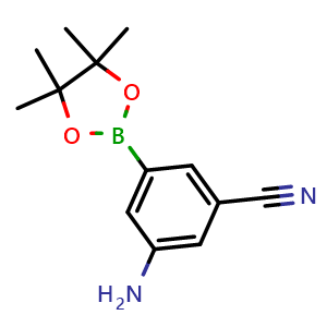Chemical structure of 3-amino-5-(4,4,5,5-tetramethyl-1,3,2-dioxaborolan-2-yl)benzonitrile , CAS 1036991-35-1, AChemBlock V145496