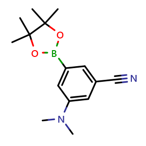 Chemical structure of 3-(dimethylamino)-5-(4,4,5,5-tetramethyl-1,3,2-dioxaborolan-2-yl)benzonitrile , CAS 2377610-81-4, AChemBlock V145497
