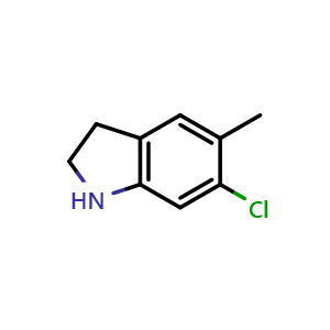 Chemical structure of 6-Chloro-5-methyl-indoline , CAS 162100-44-9, AChemBlock V145619