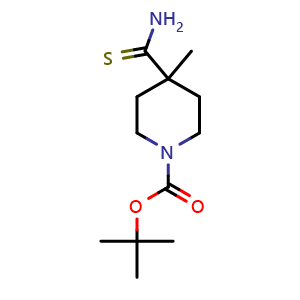 Chemical structure of tert-butyl 4-carbamothioyl-4-methylpiperidine-1-carboxylate , CAS 951745-01-0, AChemBlock V145646