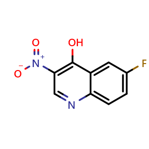 Chemical structure of 6-fluoro-3-nitroquinolin-4-ol , CAS 628284-75-3, AChemBlock V145673