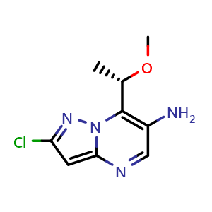 Chemical structure of (S)-2-chloro-7-(1-methoxyethyl)pyrazolo[1,5-a]pyrimidin-6-amine , CAS 2254644-66-9, AChemBlock V145692