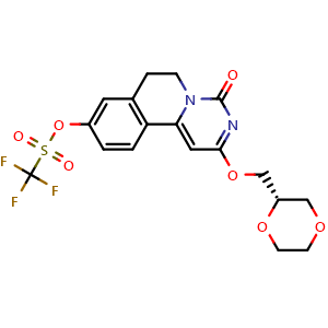 Chemical structure of (S)-2-((1,4-dioxan-2-yl)methoxy)-4-oxo-6,7-dihydro-4H-pyrimido[6,1-a]isoquinolin-9-yl trifluoromethanesulfonate , CAS 1445847-91-5, AChemBlock V145704