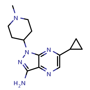 Chemical structure of 6-cyclopropyl-1-(1-methylpiperidin-4-yl)-1H-pyrazolo[3,4-b]pyrazin-3-amine , CAS 2704571-52-6, AChemBlock V145716