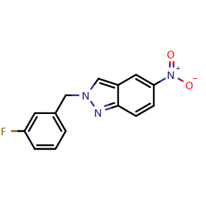 Chemical structure of 2-(3-fluorobenzyl)-5-nitro-2H-indazole , CAS 884874-01-5, AChemBlock V145718