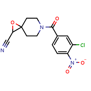 Chemical structure of 6-(3-chloro-4-nitrobenzoyl)-1-oxa-6-azaspiro[2.5]octane-2-carbonitrile , CAS 903528-81-4, AChemBlock V145729
