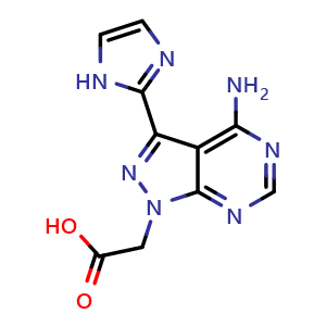 Chemical structure of 2-(4-amino-3-(1H-imidazol-2-yl)-1H-pyrazolo[3,4-d]pyrimidin-1-yl)acetic acid , CAS 1215167-14-8, AChemBlock V145739