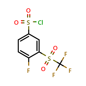 Chemical structure of 4-Fluoro-3-(trifluoromethylsulfonyl)benzenesulfonyl Chloride , CAS 1027345-07-8, AChemBlock V145780