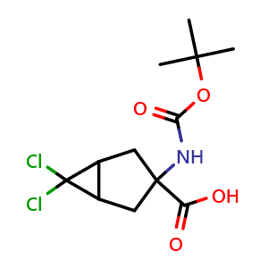 Chemical structure of 3-(Boc-amino)-6,6-dichlorobicyclo[3.1.0]hexane-3-carboxylic Acid , CAS 1134759-39-9, AChemBlock V145823