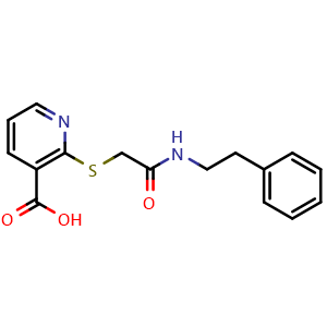 Chemical structure of 2-[[2-Oxo-2-(phenethylamino)ethyl]thio]nicotinic Acid , CAS 387882-04-4, AChemBlock V146319
