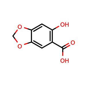 Chemical structure of 6-Hydroxybenzo[d][1,3]dioxole-5-carboxylic Acid , CAS 4890-01-1, AChemBlock V146487