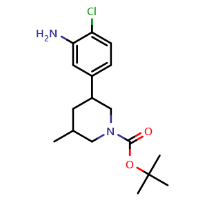 Chemical structure of tert-Butyl 3-(3-Amino-4-chlorophenyl)-5-methylpiperidine-1-carboxylate , CAS 2181780-03-8, AChemBlock V146612