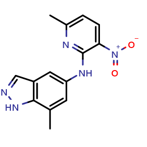 Chemical structure of 7-Methyl-N-(6-methyl-3-nitro-2-pyridyl)-1H-indazol-5-amine , CAS 2306369-75-3, AChemBlock V146700
