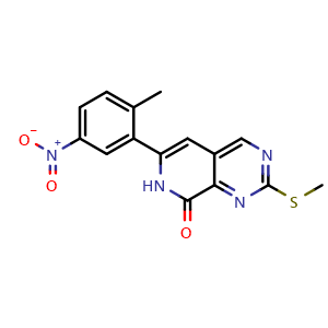 Chemical structure of 6-(2-Methyl-5-nitrophenyl)-2-(methylthio)pyrido[3,4-d]pyrimidin-8(7H)-one , CAS 2470433-84-0, AChemBlock V146878