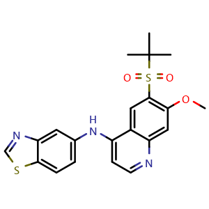 Chemical structure of N-[6-(tert-Butylsulfonyl)-7-methoxy-4-quinolyl]benzo[d]thiazol-5-amine , CAS 1398054-21-1, AChemBlock V146919