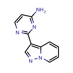 Chemical structure of 4-Amino-2-(pyrazolo[1,5-a]pyridin-3-yl)pyrimidine , CAS 2299580-01-9, AChemBlock V146975