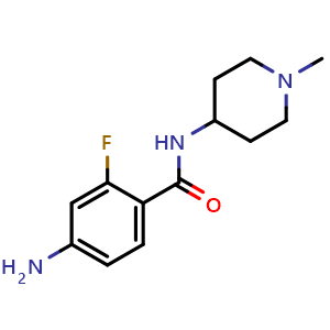 Chemical structure of 4-Amino-2-fluoro-N-(1-methyl-4-piperidyl)benzamide , CAS 957855-54-8, AChemBlock V147048