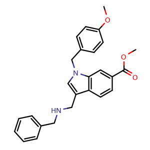 Chemical structure of Methyl 3-[(Benzylamino)methyl]-1-(4-methoxybenzyl)-1H-indole-6-carboxylate , CAS 950763-37-8, AChemBlock V147095