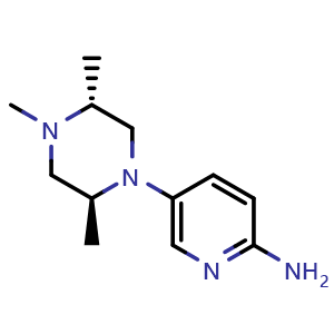 Chemical structure of 5-[(2S,6S)-2,6-dimethyl-4-(oxetan-3-yl)piperazin-1-yl]pyridin-2-amine , CAS 2387561-38-6, AChemBlock V147102