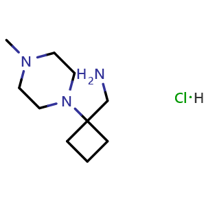 Chemical structure of 4-[1-(Aminomethyl)cyclobutyl]-1-methylpiperazine Hydrochloride , CAS 2739897-87-9, AChemBlock V147255