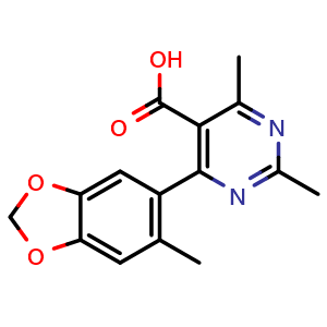 Chemical structure of 2,4-Dimethyl-6-(6-methylbenzo[d][1,3]dioxol-5-yl)pyrimidine-5-carboxylic Acid , CAS 1535323-07-9, AChemBlock V147345
