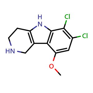 Chemical structure of 6,7-Dichloro-9-methoxy-2,3,4,5-tetrahydro-1H-pyrido[4,3-b]indole , CAS 2369752-67-8, AChemBlock V147366