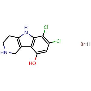 Chemical structure of 6,7-Dichloro-2,3,4,5-tetrahydro-1H-pyrido[4,3-b]indol-9-ol Hydrobromide , CAS 2752918-93-5, AChemBlock V147367
